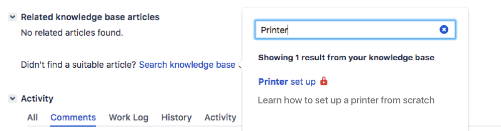 Related knowledge base articles section of an issue. The opened modal allows to search kb articles and link them to the issue.