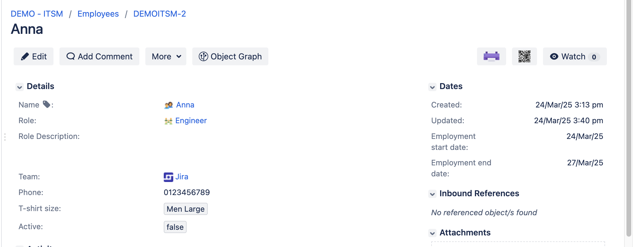 Example of an object with the assigned information about the object