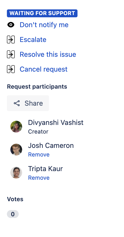 A list of request participants display below the Shared with panel on the customer portal view