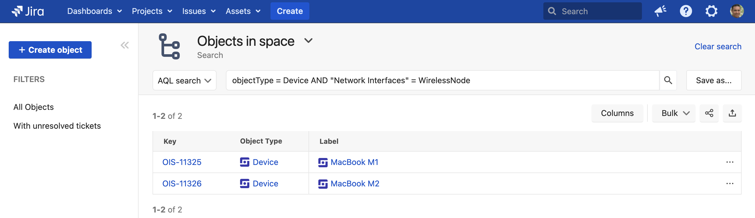 Search uses AND operator to find objects of type device where the network interface is wireless node