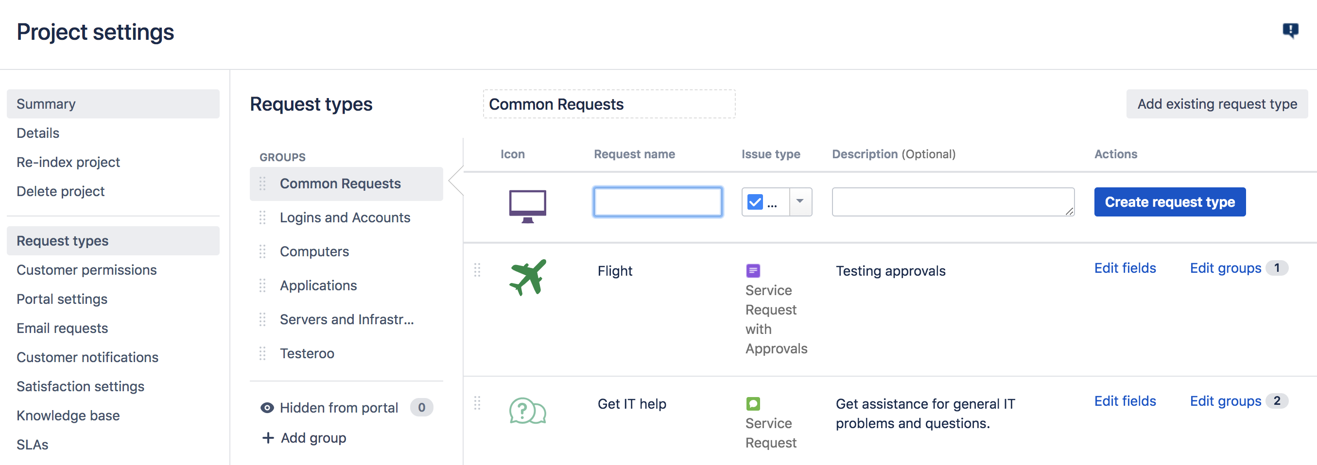 Request types section in Project settings.