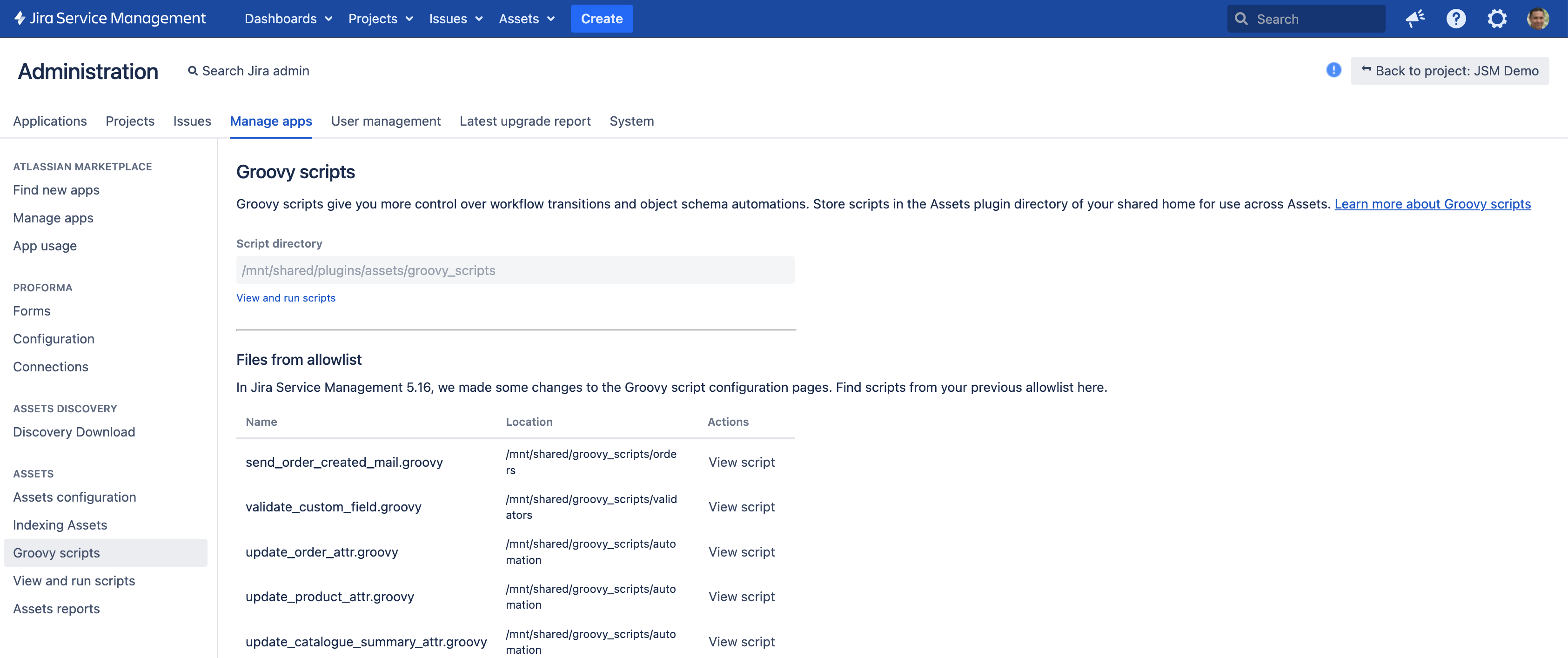 Groovy scripts page in Assets configuration section