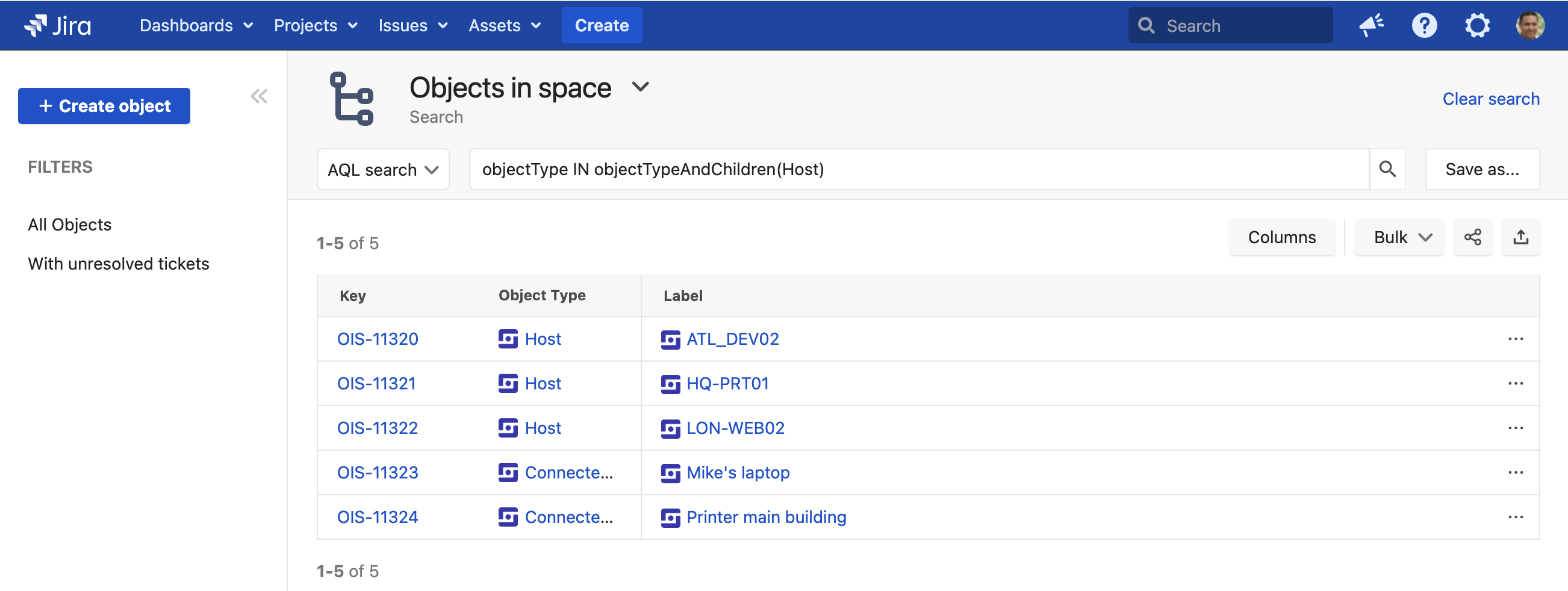 Search shows objects of type host and child object types connected device