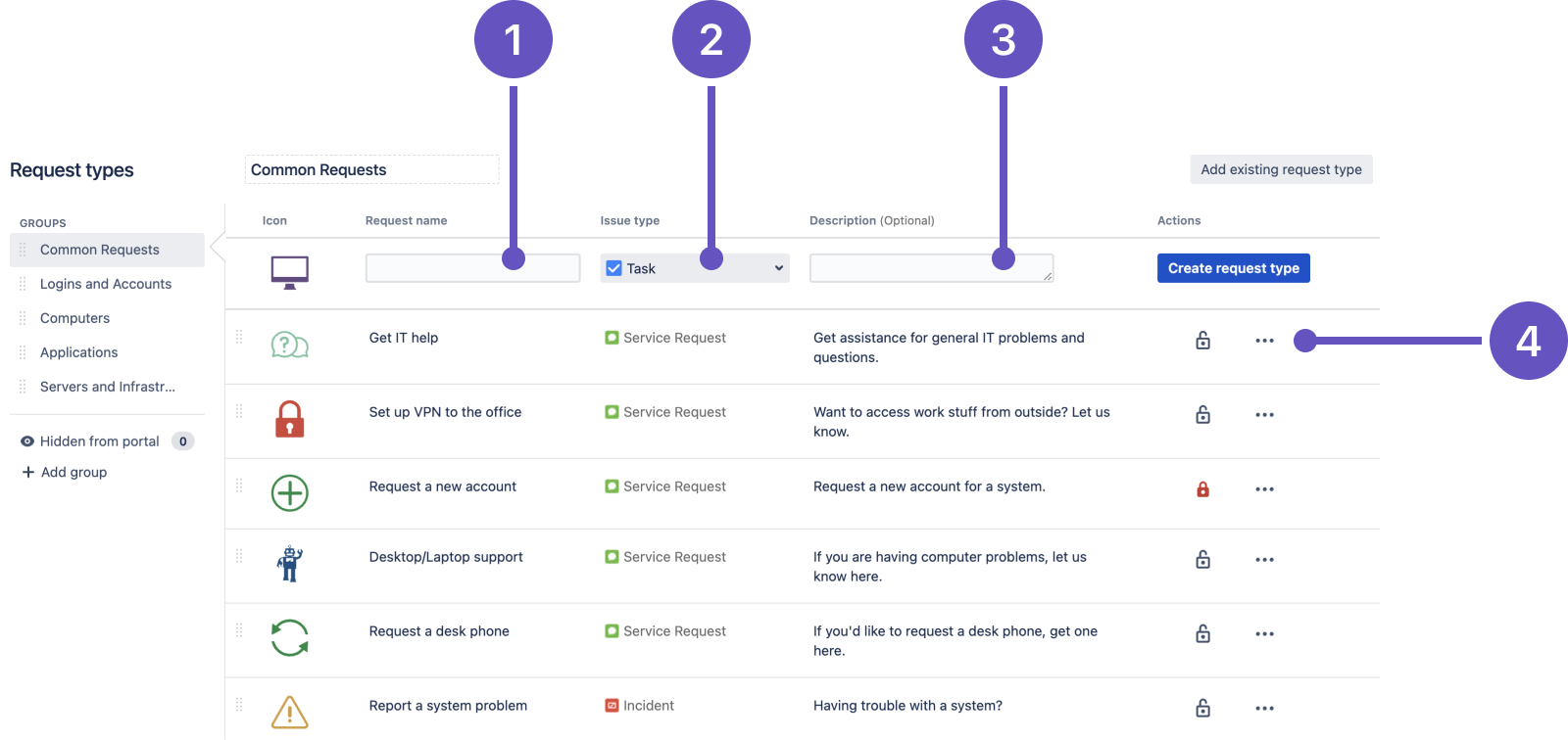 Request name, issue type, description, and more actions menu highlighted