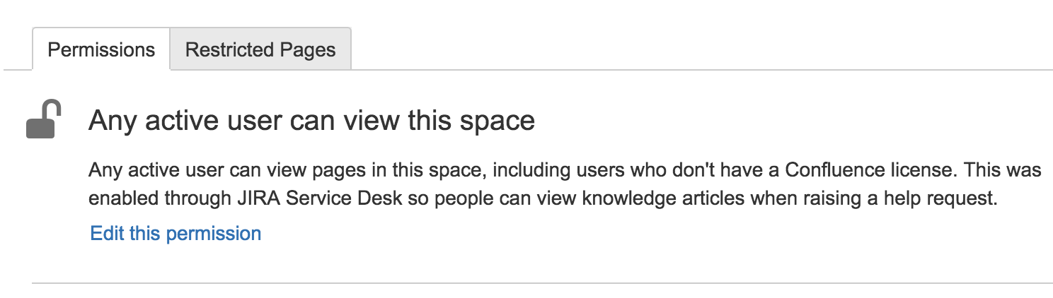 Permissions tab. The description says that any active user can view this space.