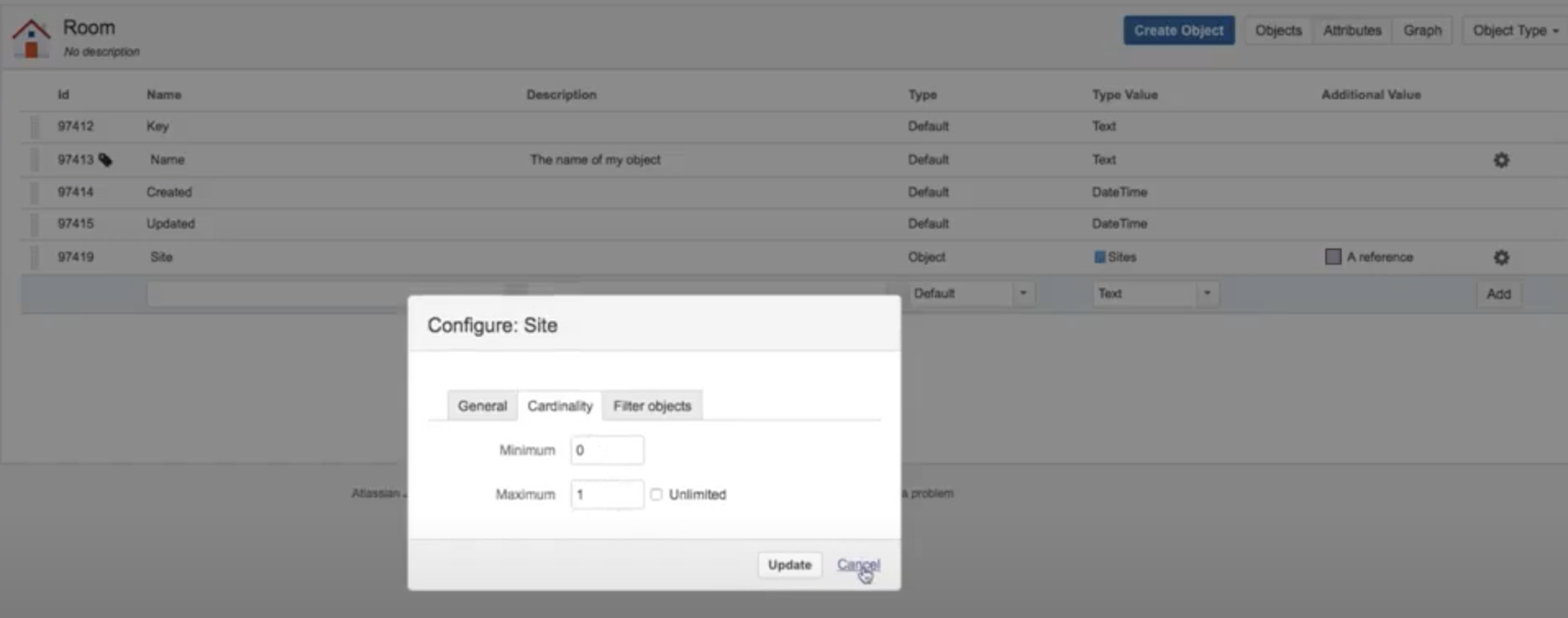 Cardinality tab set to max 1 in the Site attribute configuration dialog