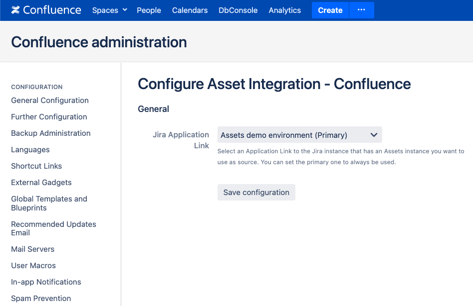 Configuration window of the Assets - Confluence Macro