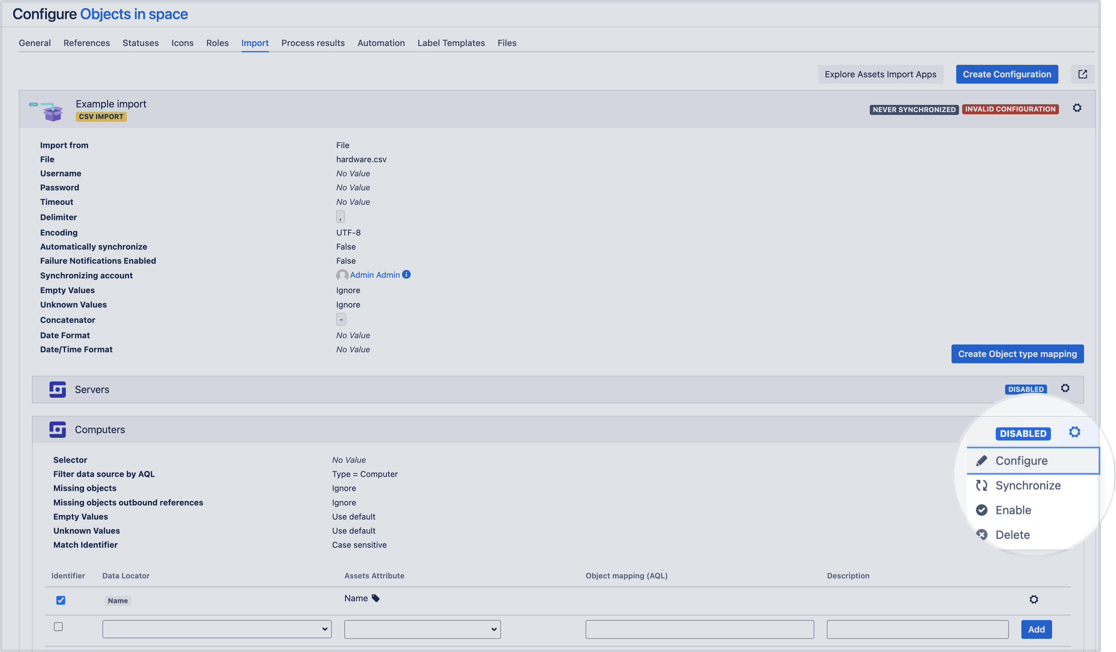 インポート設定の [Configure (設定)] ボタン