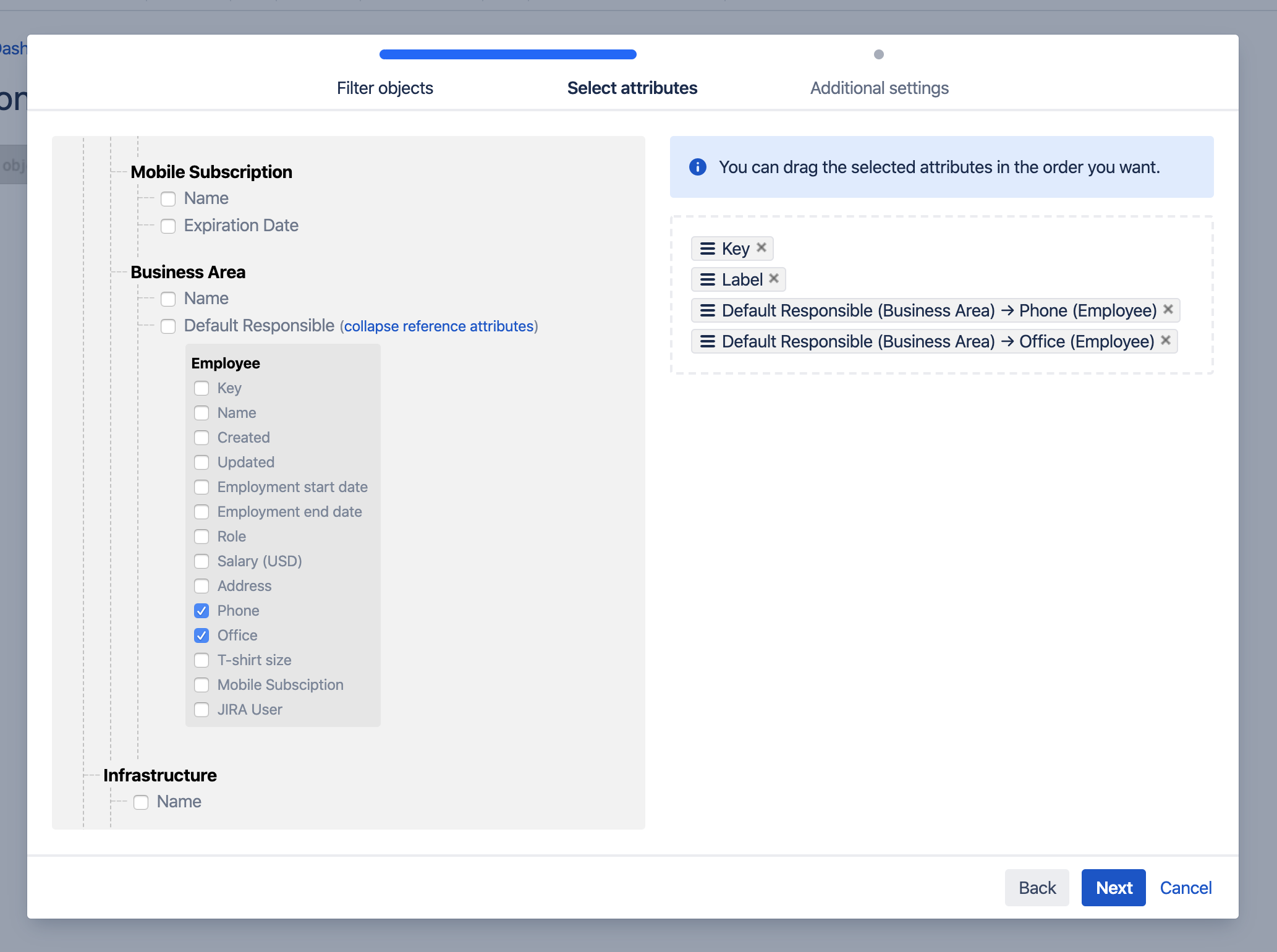 Reference attributes window in the Assets - Confluence Macro