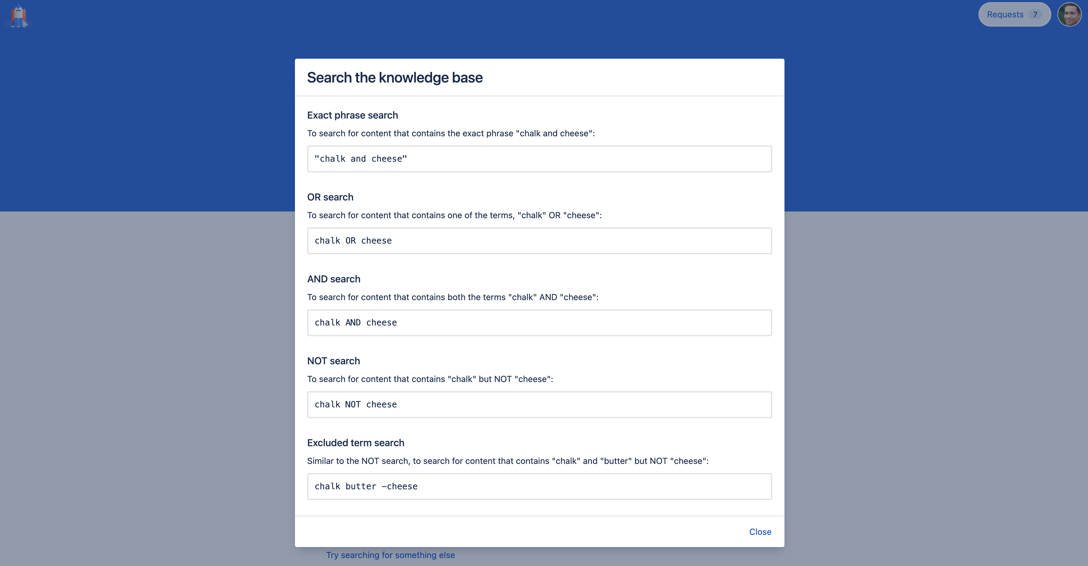 高度な検索ヘルプ モーダルがオープン 定義を含む Confluence 検索構文。