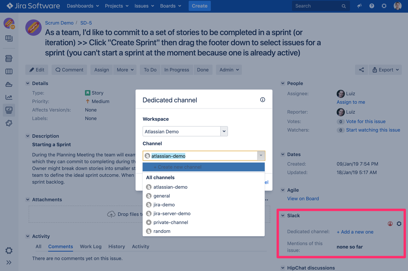 slack jira atlassian drop select assign